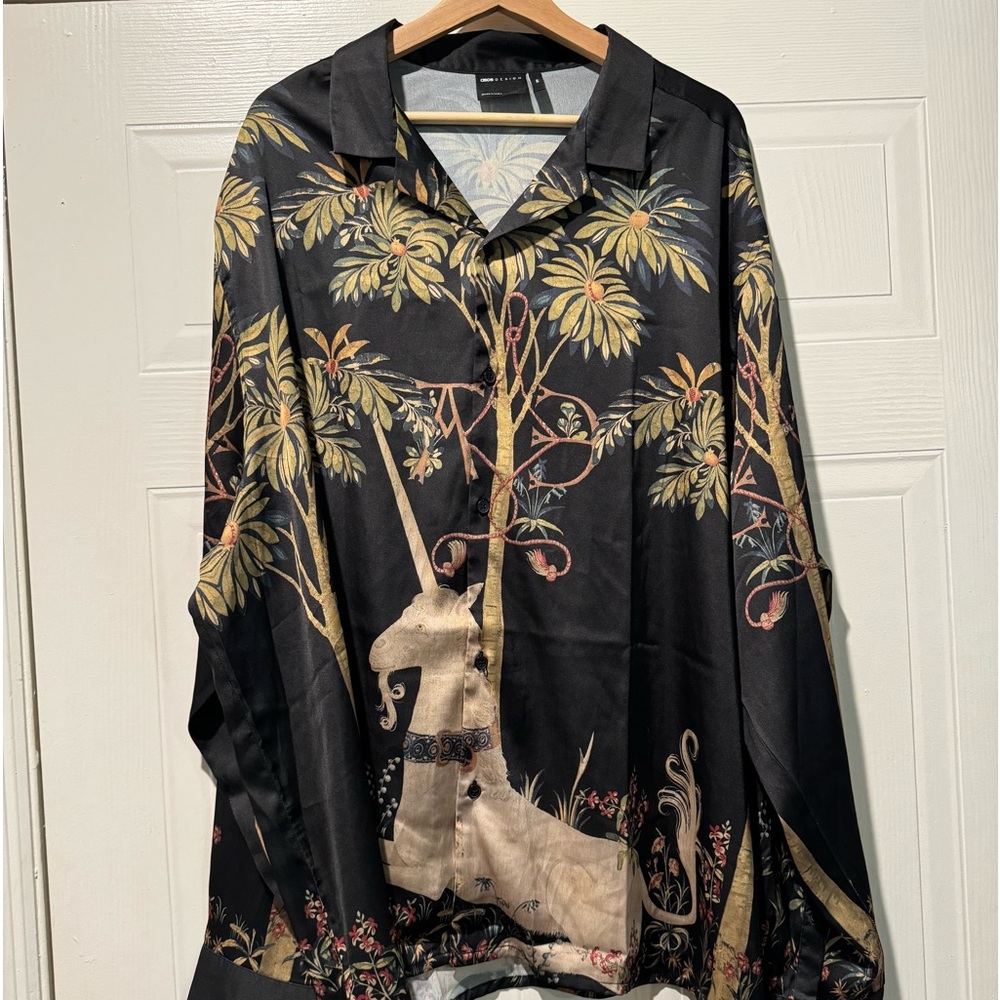 ASOS Design Relaxed Revere Satin Shirt with Unicorn Placement Print